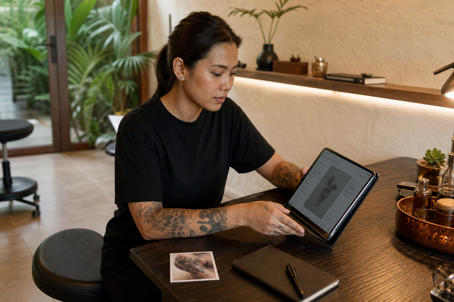 A tattoo artist at a studio desk reviewing a client request on a tablet