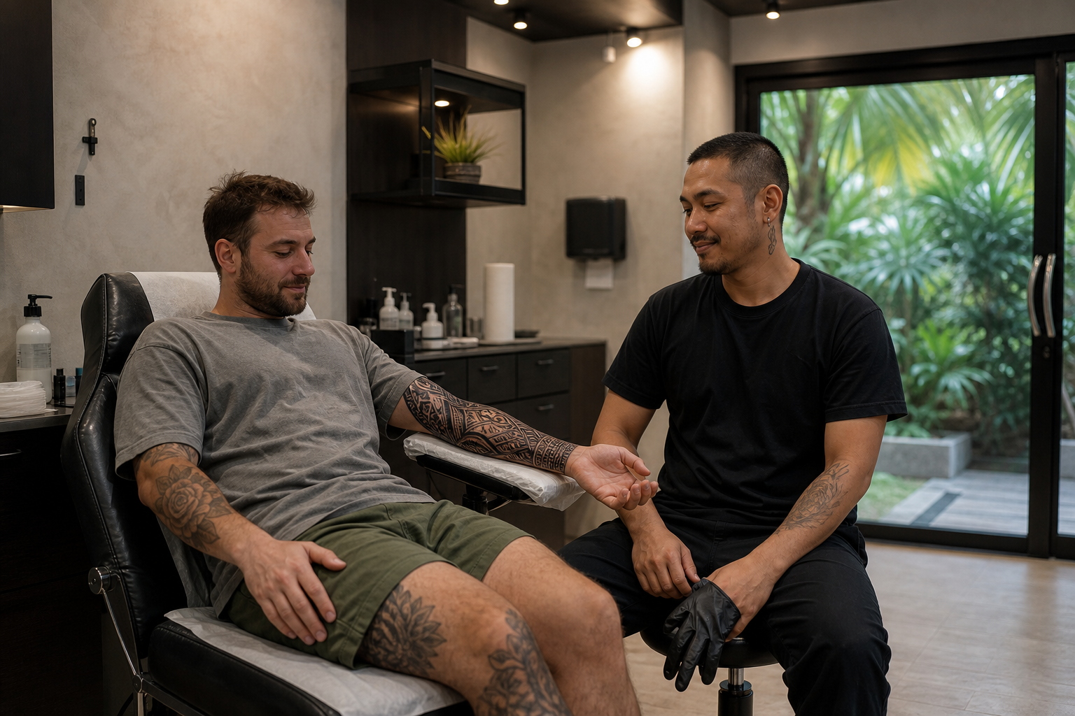 A tattoo artist and client looking at a finished forearm tattoo in a partner studio