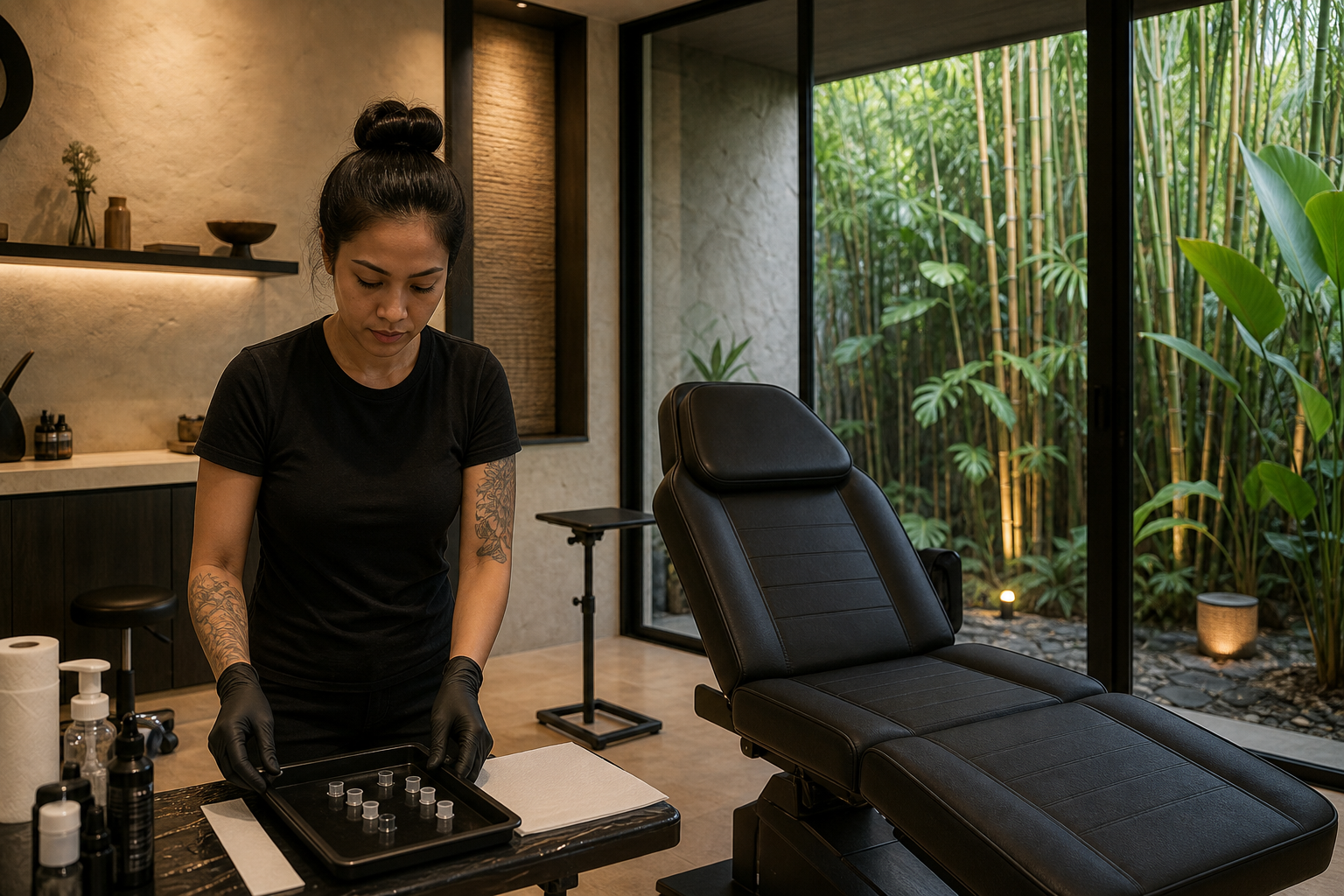 A tattoo artist setting ink caps on a tray beside an empty chair in a bright Phuket studio