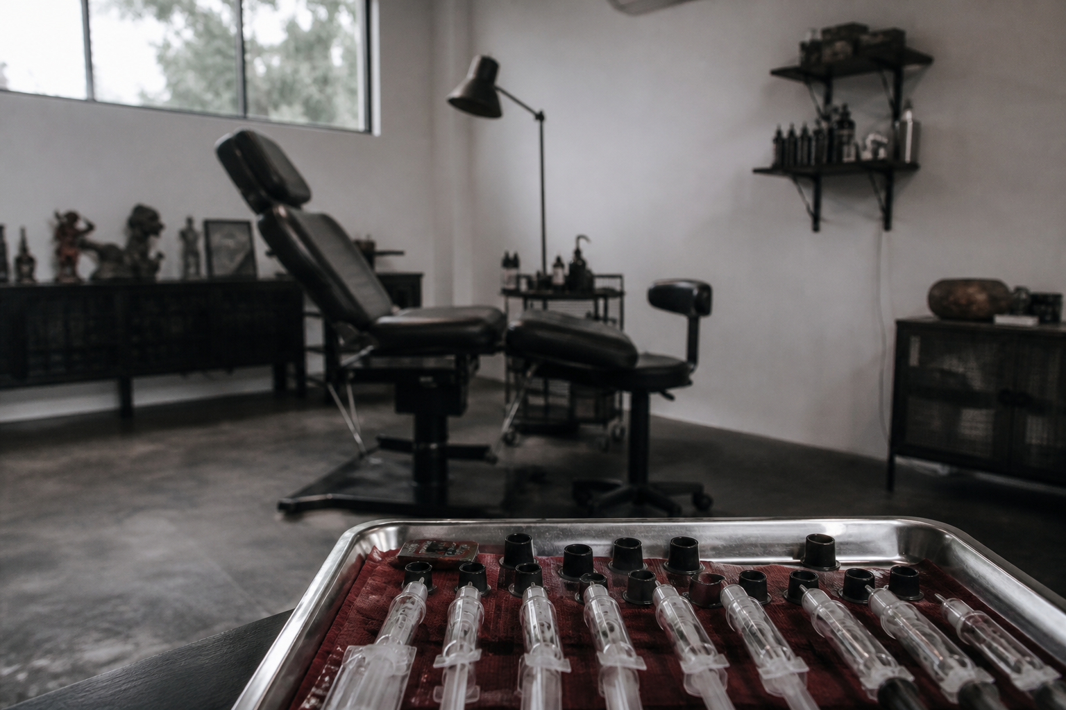 An empty tattoo chair and a set tray in a quiet Phuket studio