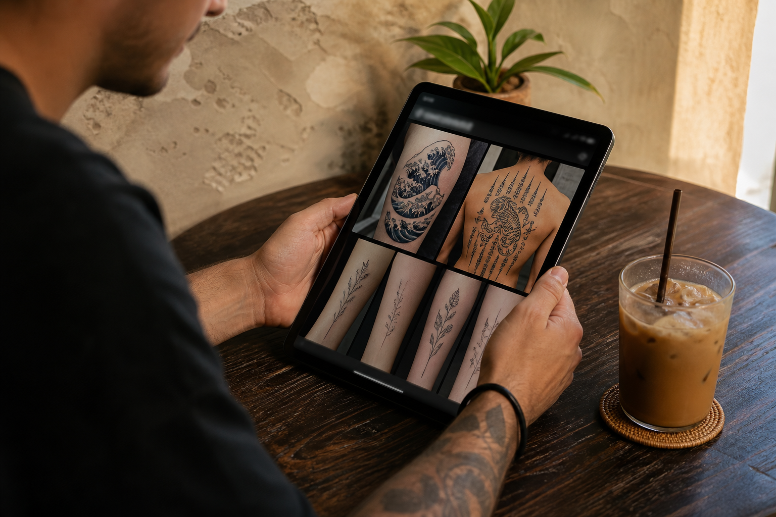 A person browsing a grid of tattoo photos on a tablet at a cafe table