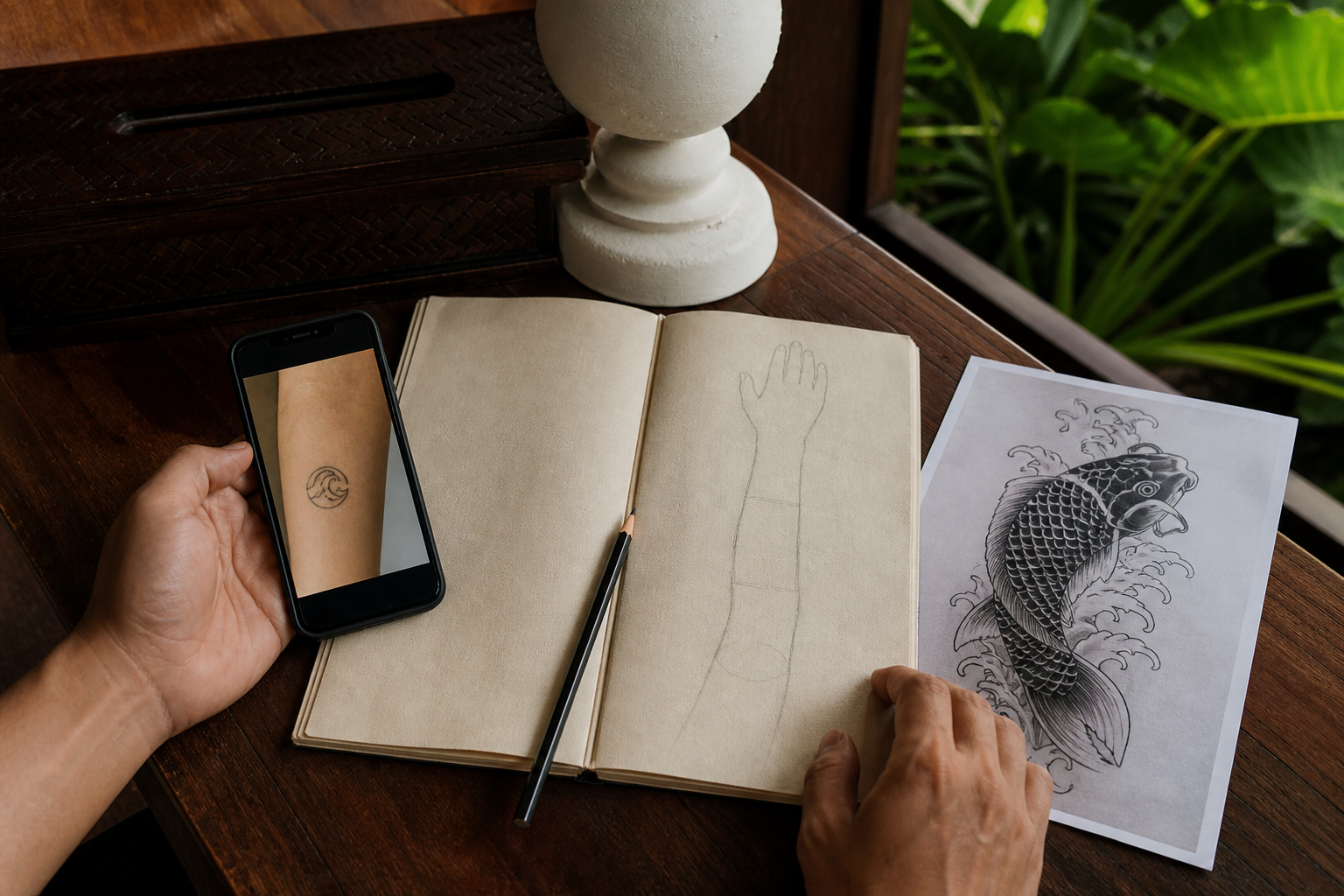 Hands with a phone reference photo, a forearm sketch, and a koi drawing on a desk