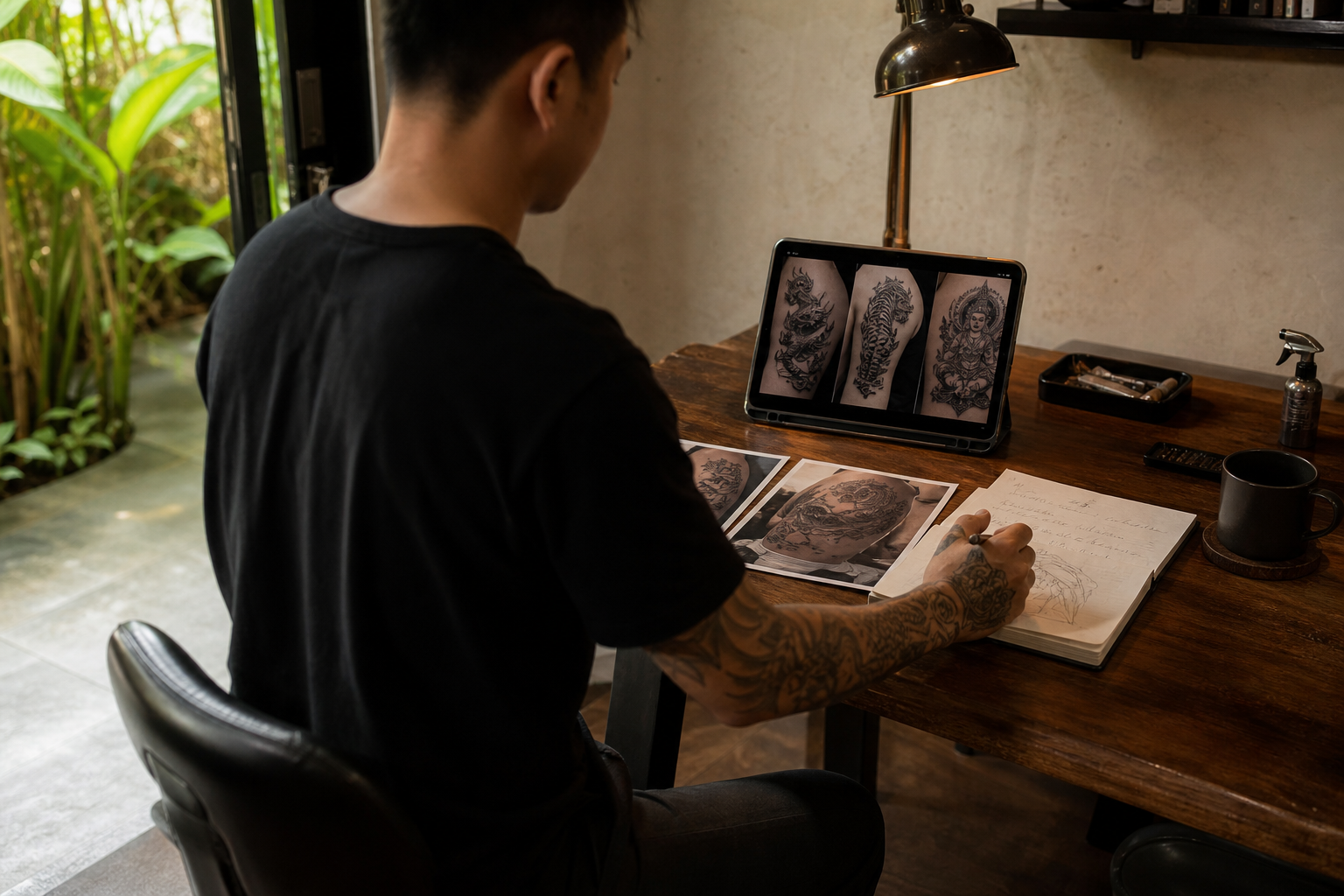 A tattoo artist at a studio desk reviewing portfolio photos and writing a bid, face not shown