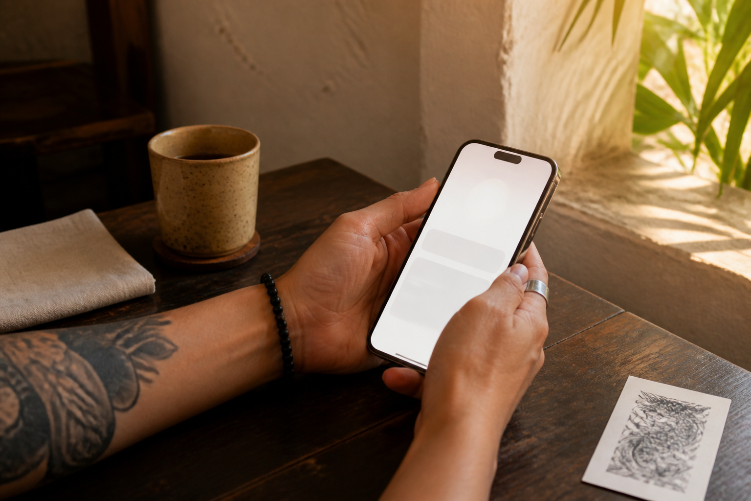 Hands holding a phone over a cafe table to confirm a booking