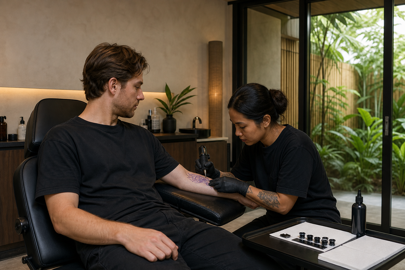 A tattoo artist working on a client's forearm in a bright Phuket studio with a garden outside